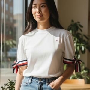 Tommy Hilfiger Women's White Top with Ribbon Detail